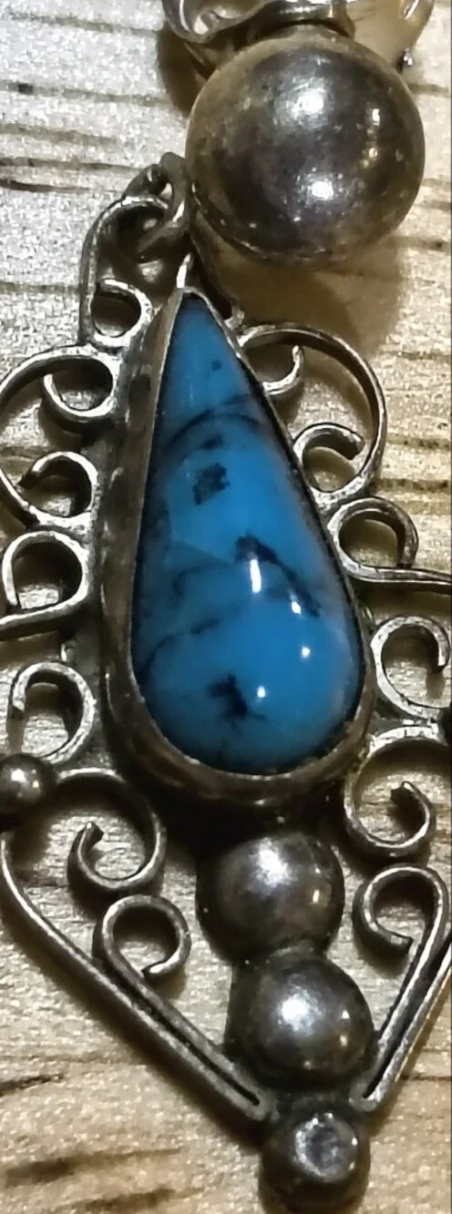 Vintage Sterling Silver Turquoise Teardrop Filigree Drop Signed Mexico Earrings